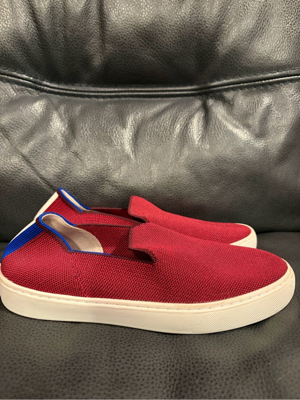 Rothy's Red Knit Slip-On Sneakers with Blue Trim